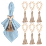 Meplait 6 Pieces Wooden Bead Napkin Rings, Farmhouse Stretchable Napkin Rings with Tassel Boho Napkin Rings for Dining Table,Wedding Decoration (Nature)