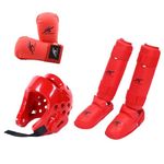 YIJU Karate Sparring Gear Set with Shin Guards Footgear, Training Boxing Head Gear, for Sparring Martial Arts, Sanda, Grappling, Red XS