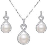 EleQueen 925 Sterling Silver CZ AAA Button Cream Freshwater Cultured Pearl Bridal Jewelry Necklace Earrings Set