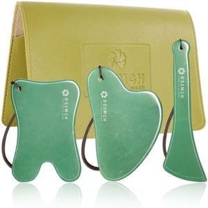 Lusomch Gua Sha Tools 3 Pcs Natural Jade Gwashah Stone Instead of Stainless Steel Gua Sha Kit Anti-Drop Design, Smooth Massage Stones for Face,Neck,Jaw and So on Spa Tool for Everyone