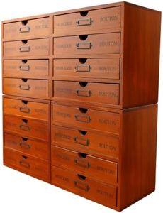 16-Drawer Wooden Storage Box (19.6”x6.89”x19.6”) VIntage Filing Cabinet in Walnut Wood - 16-Slot Wooden Desk Drawer Unit w/Label Holders & Handles - Multi Level Countertop Drawer Organizer