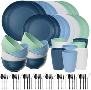 Quatish 64 Piece Plastic Plates and Bowls Sets for 8, Dinnerware Sets, Blue