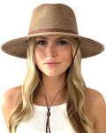 Womens Summer Straw Sun Hats Wide Brim Panama Fedora Beach Hat with Wind Lanyard UPF 50+, Coffee Brown, Medium