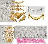 4 Pieces Baroque Silicone Fondant Molds HADEEONG Baroque Fondant Mold 3D Sculpted Scroll Curlicues Filigree Mold Cake Border Molds for DIY Baking Birthday Cake Candy Cupcake Topper Decoration