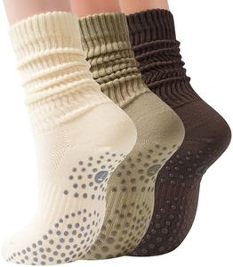 H HOME-MART (3 Pairs) Scrunch Pilates Grip Socks for Women – Perfect for Yoga, Barre, Dance, and Gym Workouts; Long Slouch Socks with Non-Slip Grip for Hospital and Exercise Use