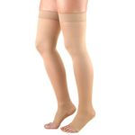 Truform Women's 20-30 mmHg Thigh High, Open Toe Compression Stockings, Beige, Medium