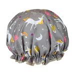 1 Pack Shower Cap for Women, Oil-proof Caps, Double Layers Waterproof Reusable Bath Caps With Ruffled Edge Covering for Girls, Women, Ladies, Kids (Grey Unicorn)