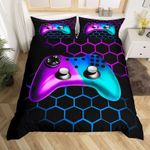 Gamer Duvet Cover Gaming Geometry Game Controller Bedding Set Honeycomb Purple Blue Comforter Cover for Boys Girls Children Teens Bedroom Decor Gamer Console Bedspread Cover Queen With 2 Pillow Case