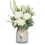 YELIKIT Artificial Fake Flowers Plant with Vase, Faux Silk Roses Floral Hydrangea Bouquet in Vase, Table Centerpiece Decorations Wedding Bouquets for Party Office Farmhouse Kitchen Home Decor, White