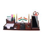 Rasper Brown Leather Multipurpose Desk Organizer Pen Stand Holder with Calculator Watch Flag for Office Table Top with Mobile Holder (17.25x6 Inches)