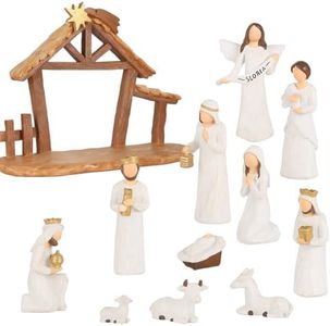 12-Piece Resin Nativity Scene Set – Handcrafted Christmas Crèche with Holy Family, Angel, Wise Men, Animals, and Stable – Classic Religious Holiday Decoration for Home, Church or Mantel (Beige)