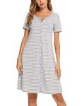 Marvmys Women’s Nightdresses Soft Cotton Nightshirt Stripe Sleep Dress Button-Up V Neck Sleepwear Nightgown Summer Loungwear A-Grey XL