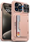 Vihibii for iPhone 15 Pro Max Case with Card Holder (4 Cards) & Slide Camera Cover & Kickstand, Military Grade Drop Protection, Rugged Hard Back & Silicone Edge Wallet Back Cover, 6.7" 2023, Rose Gold