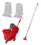 Abbey Professional Heavy Duty Kentucky Mop Handle and Bucket Set with Two 450g Kentucky Mop Heads - Commercial Mop and Bucket Set for Cleaning Hard Floors - 25L Buffalo Mop Bucket - Red