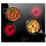 NOXTON Ceramic Hob, Built-in 4 Zone Electric Hob Cooker 60cm Unrestricted Pans 9 Power Level Heat Evenly Black Glass Touch Controls Safe Lock Heat Indicator