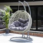 MSZ Double Hanging Egg Chair – Light Grey Cocoon Swing Seat with Cushions | Garden Rattan Hanging Chair for 2 | Indoor Outdoor Patio Balcony Egg Swing | Stylish & Comfy Hammock Seat
