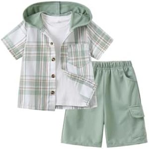 Fdqin Little Boy 2 Piece Outfits Plaid Color Front Short Sleeve Hoodies Button Down Shirt and Cotton Shorts Sets Light Green 3-4 Years