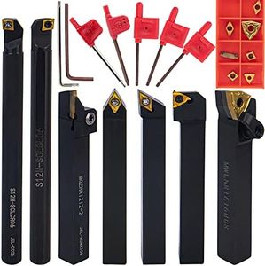 Metal Lathe Boring Bar Set, 14pcs 1/2'' Shank Carbide Turning Tool Set, 7pcs Lathe Boring Bar 7pcs Indexable Carbide Turning Inserts Metal Lathe Cutting Tools for Turning Grooving Threading(7* Wrench)