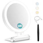 Magnifying Mirror with Light 30X, Double-Sided 1X/ 30X Magnifying Makeup Mirror with Tweezer, 2000mAh 3 Colour Modes with Adjustable Brightness, Foldable Compact Travel Mirror