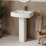 Modern Bathroom Wash Basin Sink Full Floorstanding Pedestal Square Single Tap Hole White Ceramic