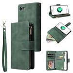 QLTYPRI Case for iPhone 7/8/SE 2020/SE 2022 5G, Large Capacity Leather Wallet Case 6 Card Holder & 1 Zipper Pocket Kickstand Wrist Strap Magnetic Case for iPhone SE 2022/SE 2020/8/7 - Dark Green