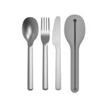 BergHOFF LEO 18/10 Stainless Steel Set of 4pc Reusable Travel Flatware Silver & Grey Silicone Storage Sleeve Disposable Cutlery Dishwasher Safe