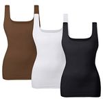 EUYZOU Women Tummy Control Shapewear Tank Tops Seamless Square Neck Compression Tops Slimming Body Shaper Camisole, Black/White/Coffee 3pk, Small