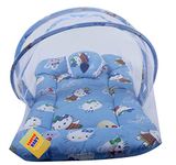 Fareto Baby Folding Teddy Print Mattress with Mosquito Net(0-6 Months) (Blue)(Size: L-34Inchs, B-22Inchs)