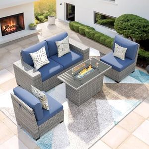 VONZOY 5 Piece Patio Furniture Set with Fire Pit Table, Outdoor Conversation Sets Grey Wicker Rattan Sectional Sofa, 4'' Thickened Cushion Navy Blue (Include Waterproof Cover)