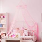 Bed Canopy Mesh Netting with Fluorescent Stars Glow in Dark Hanging Bed Dome Canopy Easy Installation Hanging Bed Canopy Mosquito Net for Single to King Size Beds (Pink)