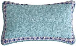 Tache Cotton Quilted Lumbar Pillow Sham - 12x20 Inch, Solid Turquoise Blue Center with Indigo Geometric Patchwork Border, Vintage Eclectic Style