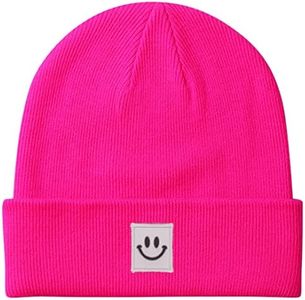 MaxNova Knit Beanie Hat with Smile Face for Men/Women, Hot Pink Smile, One Size