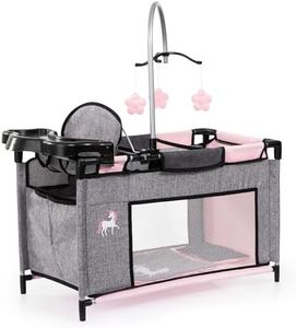 Bayer Design Dolls: Multi-Bed - Grey, Pink, Fairy - Playpen Accessory for Dolls Up to 18", Built-in Highchair & Mobile, Pillow & Blanket, Kids Age 3+