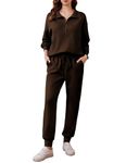 PINSPARK Travel Outfits for Women 2024 2 Piece Matching Sets Long Sleeve Tracksuits Lounge Set Half Zip Jogger Sets with Pockets,Coffee Medium