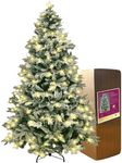 SHATCHI Pre-Lit Artificial Christmas Tree Lapland Fir-LED Lights, Snow Flocked PE/PVC Tips, Snowy Bushy Hinged Branches, Metal Stand for Xmas Home Decorations, Warm White, 210cm