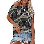 yokamira Women's Solid Color Side Split Tunic Crew Neck Short Sleeve Shirts Causal Blouses, Camouflage - 2XL