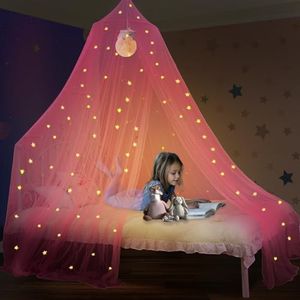 South to East Pink Bed Canopy with Fluorescent Stars Glow in Dark for Baby, Kids, Girls Or Adults, Mosquito Net for Baby Cot, Kid Bed, Girls Bed Or Full Size Bed, Fire Retardant Fabric