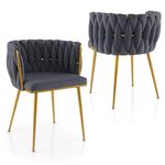 Giantex Velvet Dining Chairs Set of 2, Upholstered Kitchen Chairs w/Curved Backrest, Gold Metal Legs & Adjustable Foot Pads, Modern Accent Chairs, Woven Dining Room Chairs for Living Room, Gray