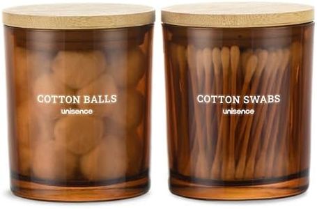 unisence Glass Qtip Holder 2 Pack , Qtip Holder Dispenser Bathroom Set Bathroom Organizers and Storage Q tip Holder with Lid Makeup Storage Organizer for Cotton Swabs,Cotton Balls,Pads ,Amber