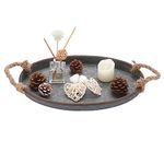 JuxYes Farmhouse Style Decorative Metal Oval Tray with Rope Handle, Glitzhome Galvanized Serving Tray, Decorative Tabletop Storage Tray for Dining Room Home Restaurant