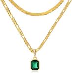 Mesovor 18K Gold Layered Crystal Necklace, 3mm Figaro Chain Necklaces | Dainty 4mm Snake Chain Choker Necklace for Women Girls Jewelry Gifts (Green)