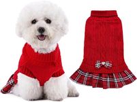 KUTKUT Small Dog Cat Girl Sweater Dress with Plaid Bowtie Pleated Skirt Dog Sweater with Leash Hole Turtleneck Dog Pullover Knitwear Puppy Sweater Winter Dog Clothes (SIZE: M, Chest: 42cm - 48cm)