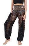 Banjamath? Women's Smocked Waist Harem Hippie Boho Yoga Palazzo Casual Pants (M, Peacock Black)