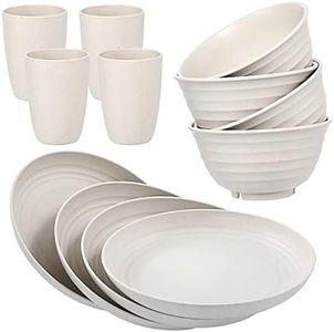 12pcs Wheat Straw Dinnerware Sets Microwave Safe Lightweight Bowls, Cups, Plates Set-Reusable, Dishwasher Safe