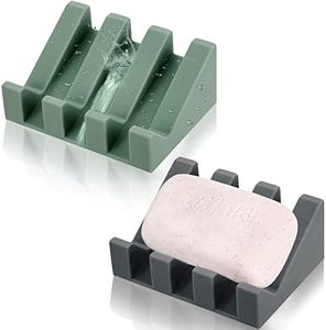 2 Pieces Silicone Soap Dish Self Draining Soap Dish Shower Waterfall Bar Soap Holder Tray with Drain Soap Saver for Kitchen Bathroom Accessories (Dark Grey,Light Green)