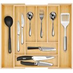 ABOUT SPACE Expandable Bamboo Drawer Organizer with Trays Dividers For Kitchen Cutlery Storage, Stationery, Cosmetics with Compartments for Knife & Silverware Utensils (L 32.5-51.5 x B 41 x H 5 cm)