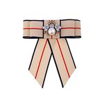 Vpang Crystal Bee Bow Brooch Pre-Tied Neck Tie Brooch Pin Striped Bow Tie for Women Wedding Party Bow Tie, Beige, Large