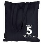 DRAPES & DECOR Cotton Canvas Black Tote Bags to Decorate -100% Natural Cotton Premium Fabric Blank Reusable Large Canvas bag -38 X 42 cm+65cm long Handles (Pack of 5-Black)