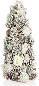 com-four® Árbol de Navidad Decorativo - Árbol Decorativo con Conos y Rosas de Tela - Gran decoración de Mesa Ideal para la época de Adviento (40cm con Rosas Blancas)