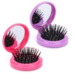 Round Mini Hair Brush with Mirror,2 Pack Folding Hair Brush Travel Size Hair Massage Comb Compact Hair Brush Pocket Hair Brush Portable Hair Styling Tools Travel Brush for Women (Rosy & Purple)